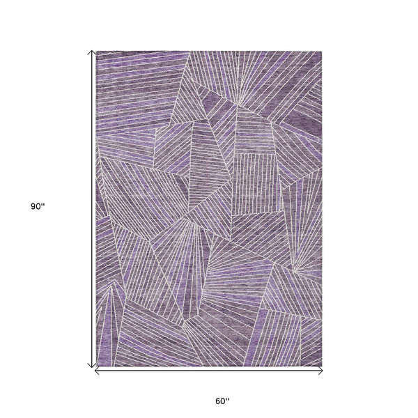 5' X 8' Purple And Ivory Geometric Washable Indoor Outdoor Area Rug