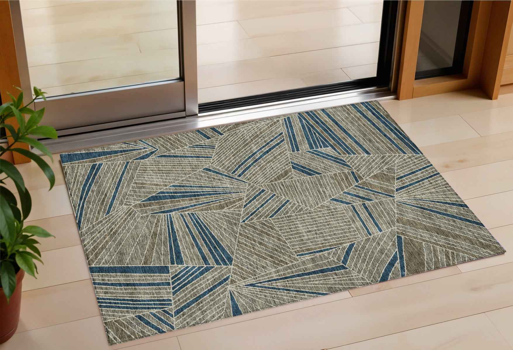 3' X 5' Taupe Blue And Beige Geometric Washable Indoor Outdoor Area Rug