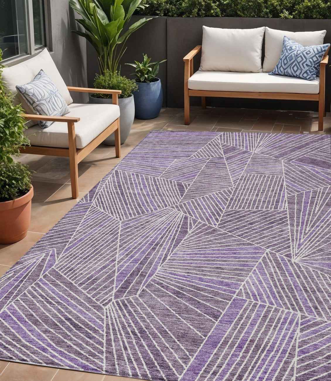 5' X 8' Purple And Ivory Geometric Washable Indoor Outdoor Area Rug
