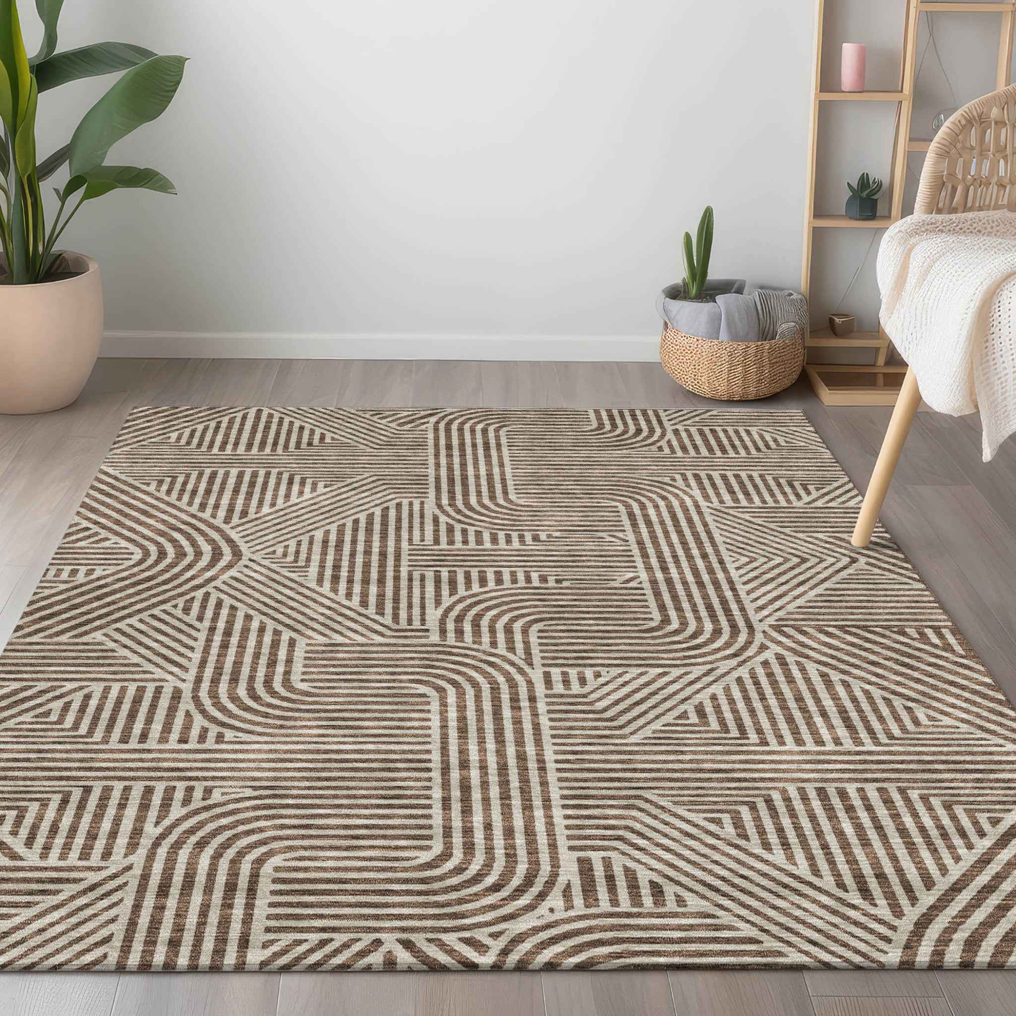3' X 5' Brown And Beige Abstract Washable Indoor Outdoor Area Rug