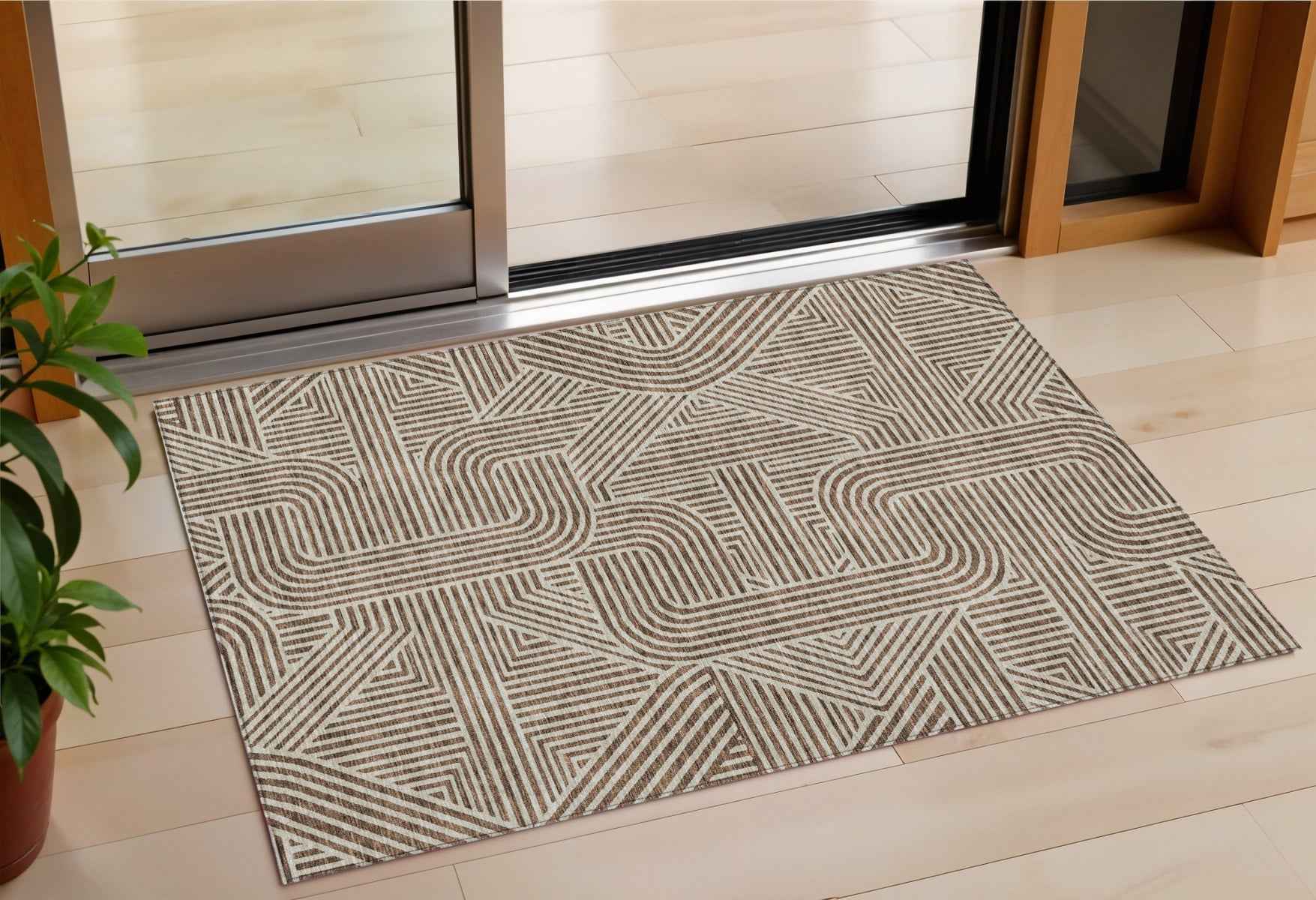 3' X 5' Brown And Beige Abstract Washable Indoor Outdoor Area Rug