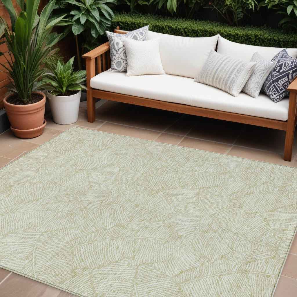 9' X 12' Artichoke Green And Ivory Floral Washable Indoor Outdoor Area Rug