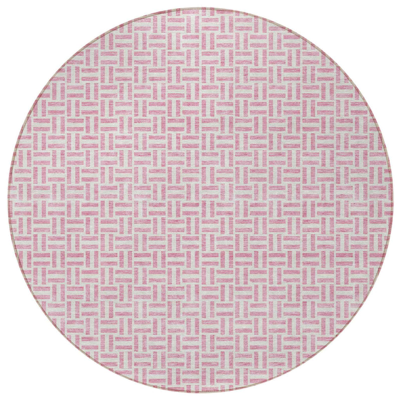 8' Pink And Silver Round Geometric Washable Indoor Outdoor Area Rug
