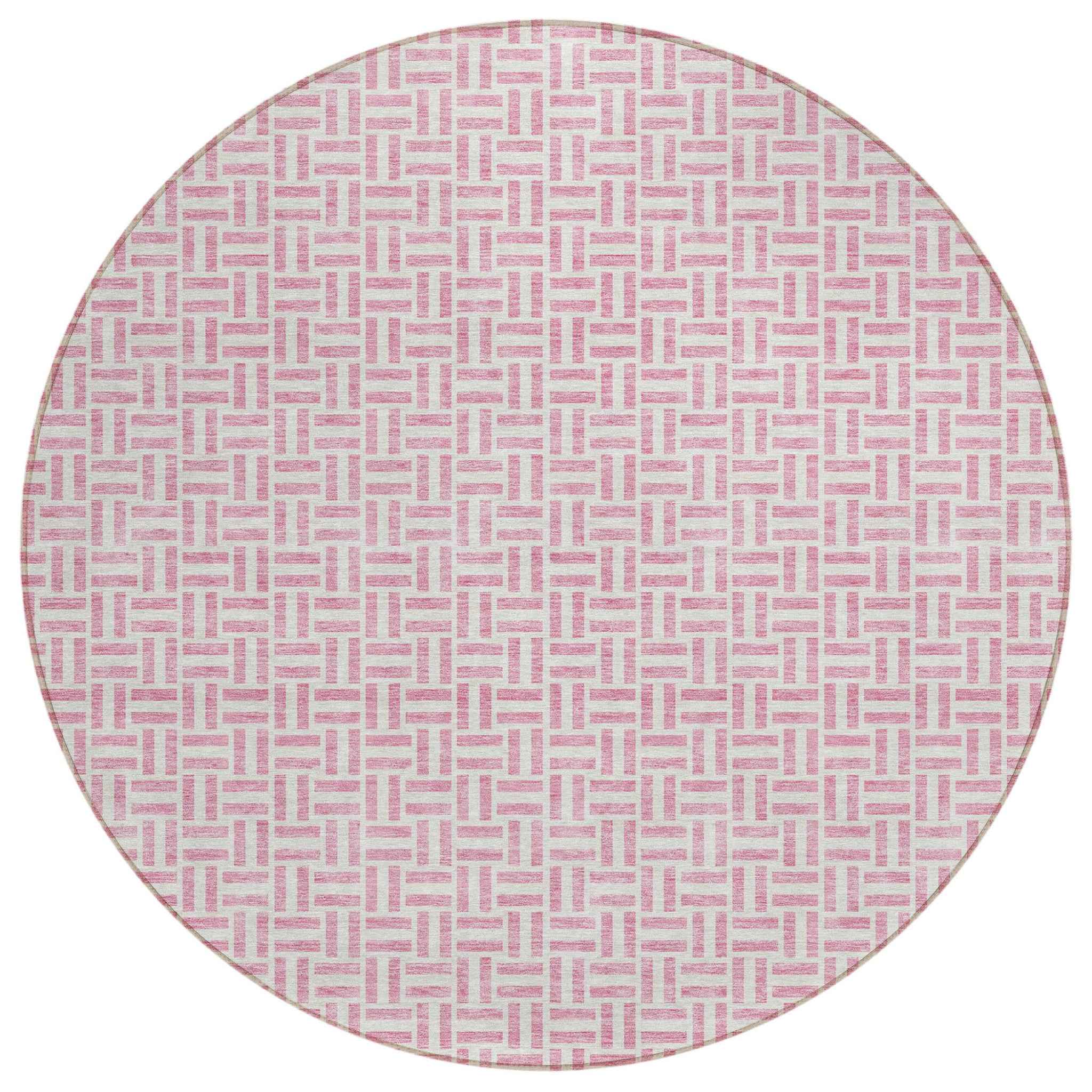 8' Pink And Silver Round Geometric Washable Indoor Outdoor Area Rug