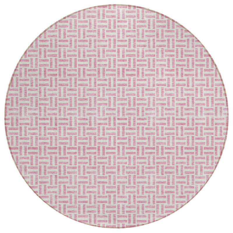 8' Pink And Silver Round Geometric Washable Indoor Outdoor Area Rug