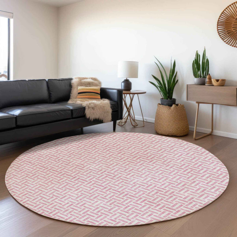 8' Pink And Silver Round Geometric Washable Indoor Outdoor Area Rug