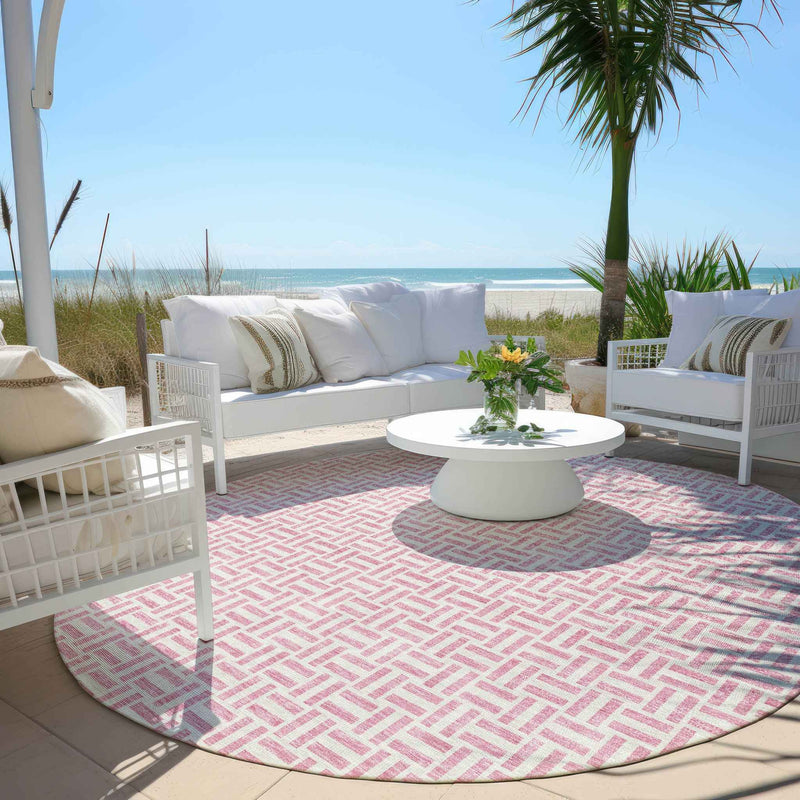 8' Pink And Silver Round Geometric Washable Indoor Outdoor Area Rug