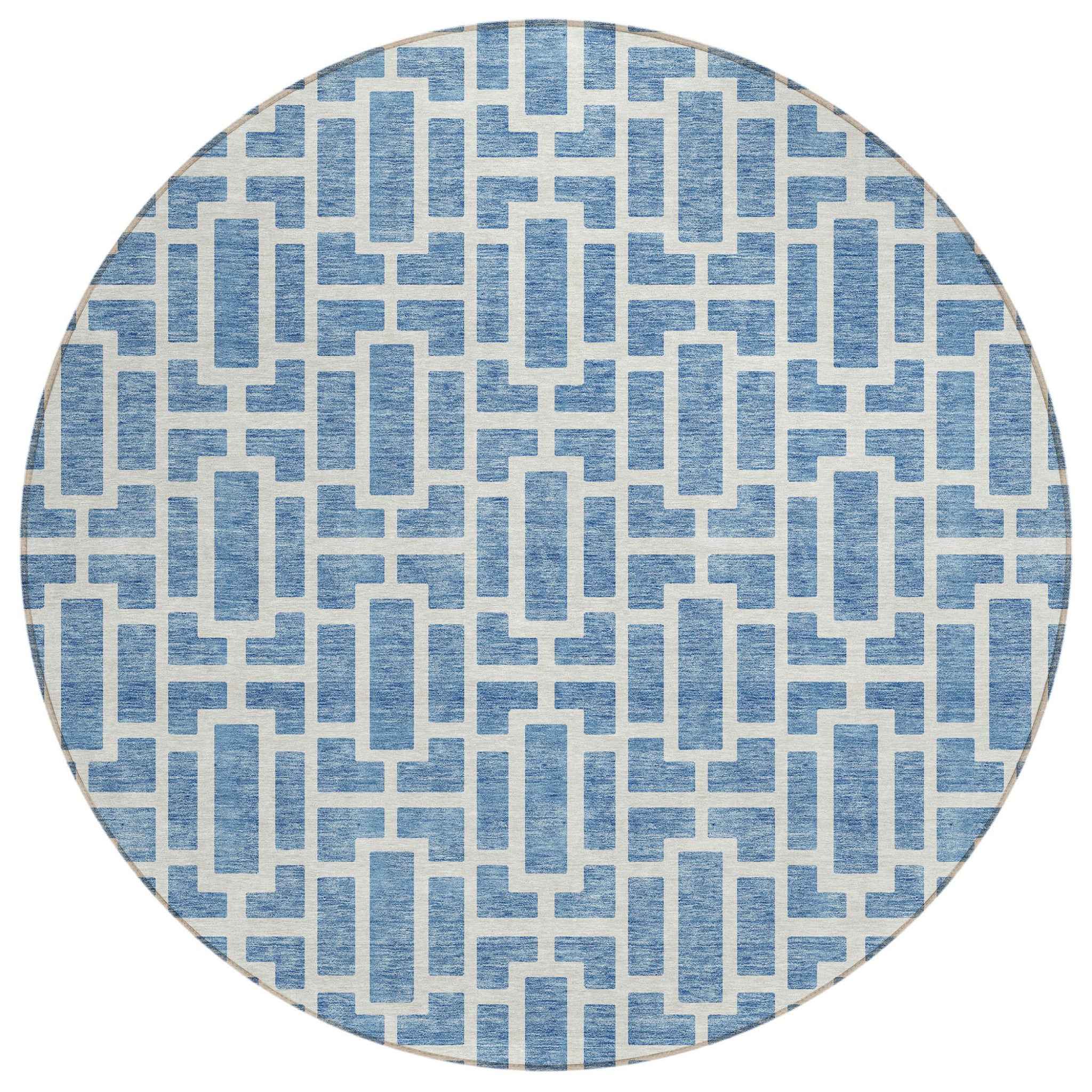 8' Denim Blue And Ivory Round Geometric Washable Indoor Outdoor Area Rug