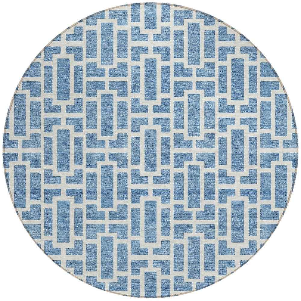 8' Denim Blue And Ivory Round Geometric Washable Indoor Outdoor Area Rug