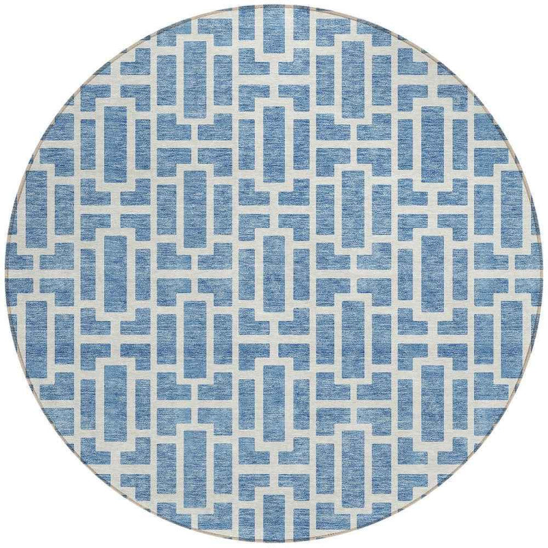 8' Denim Blue And Ivory Round Geometric Washable Indoor Outdoor Area Rug