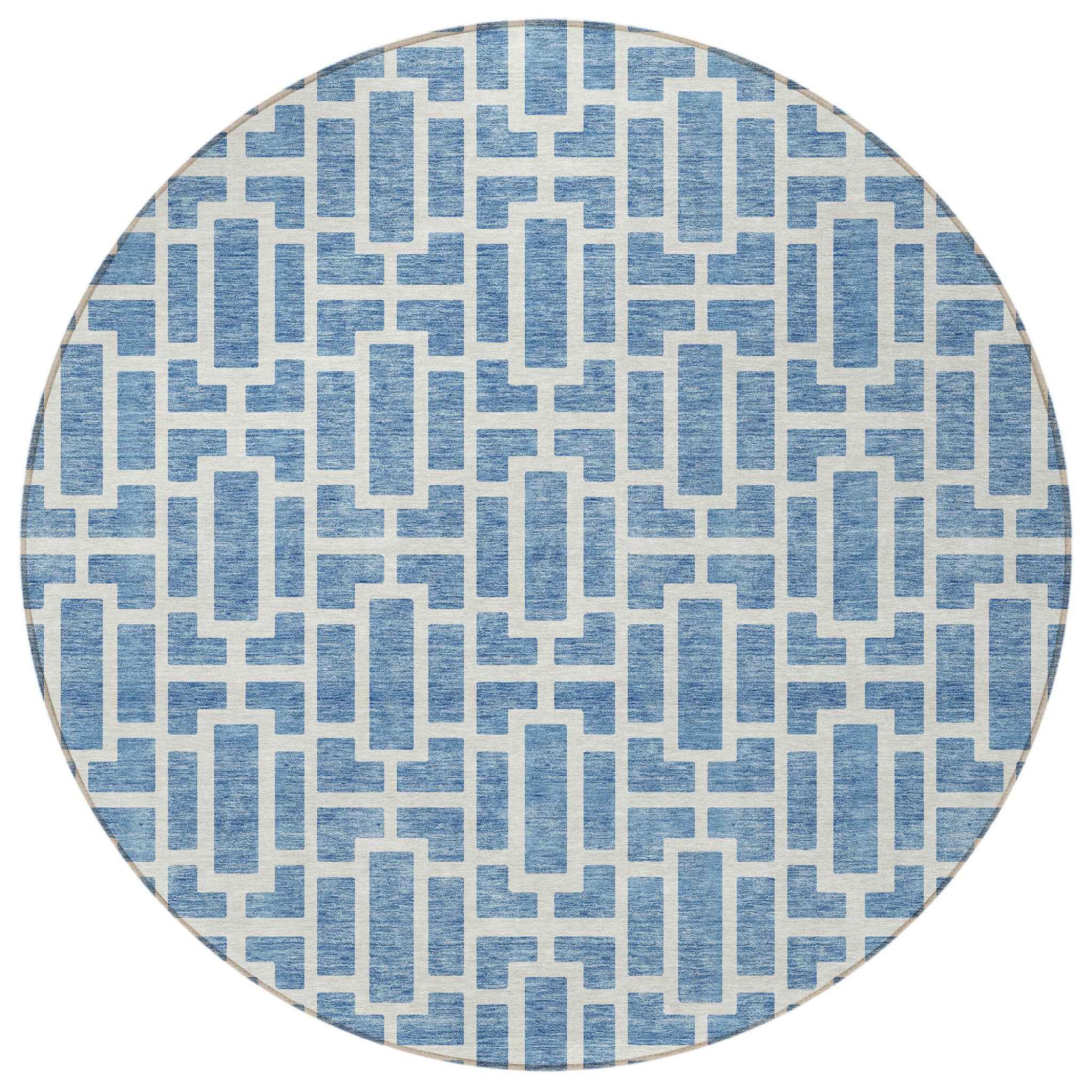8' Denim Blue And Ivory Round Geometric Washable Indoor Outdoor Area Rug
