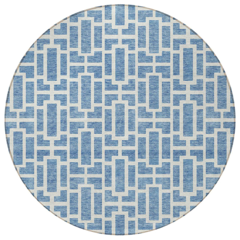 8' Denim Blue And Ivory Round Geometric Washable Indoor Outdoor Area Rug