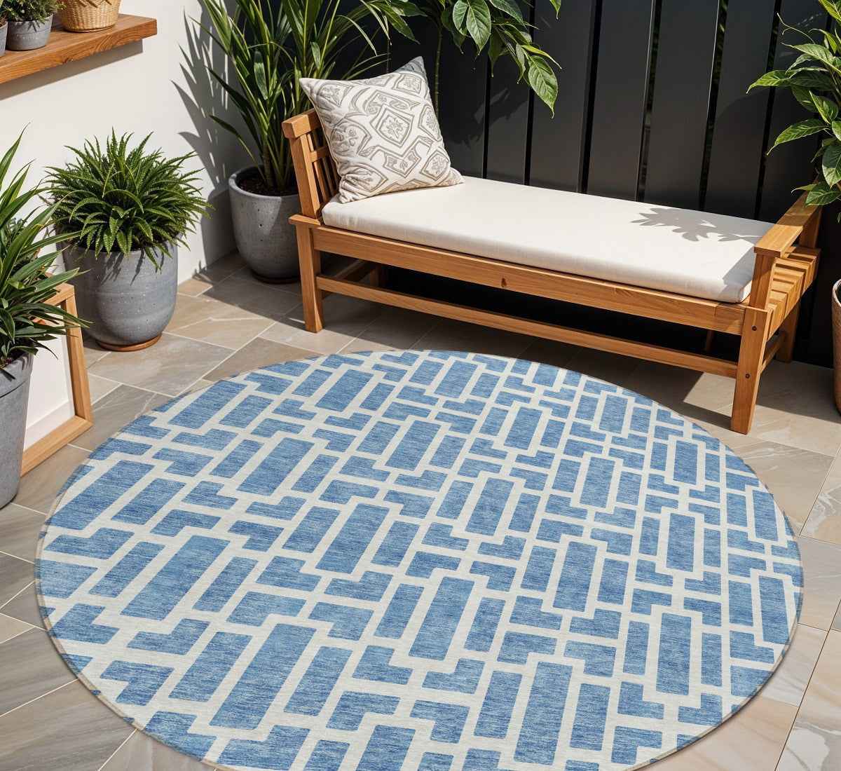 8' Denim Blue And Ivory Round Geometric Washable Indoor Outdoor Area Rug