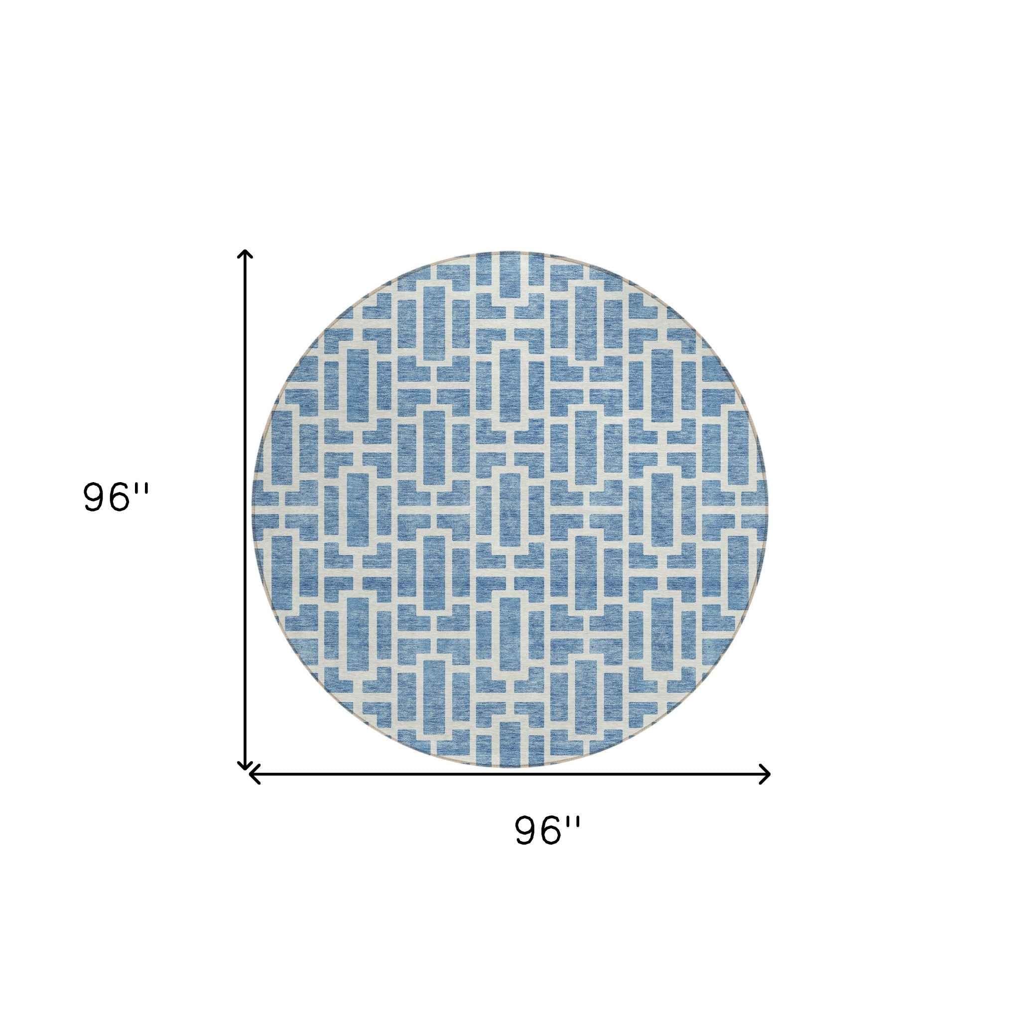 8' Denim Blue And Ivory Round Geometric Washable Indoor Outdoor Area Rug