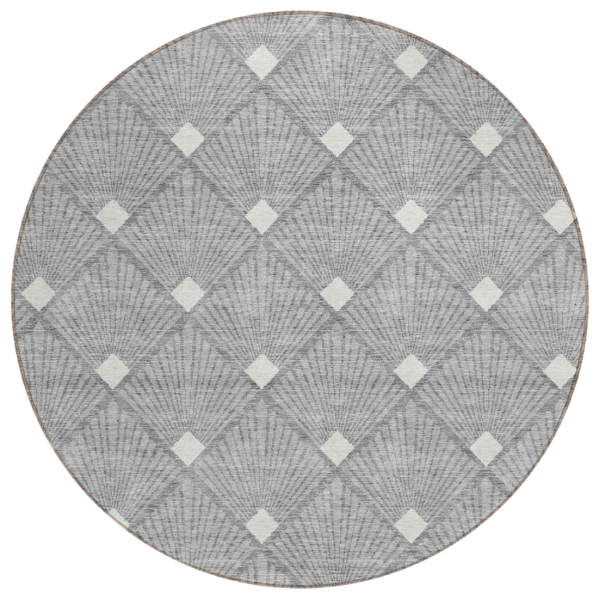 8' Gray And Ivory Round Geometric Washable Indoor Outdoor Area Rug