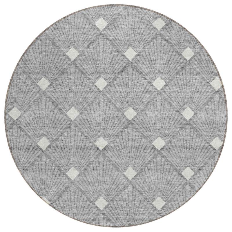 8' Gray And Ivory Round Geometric Washable Indoor Outdoor Area Rug