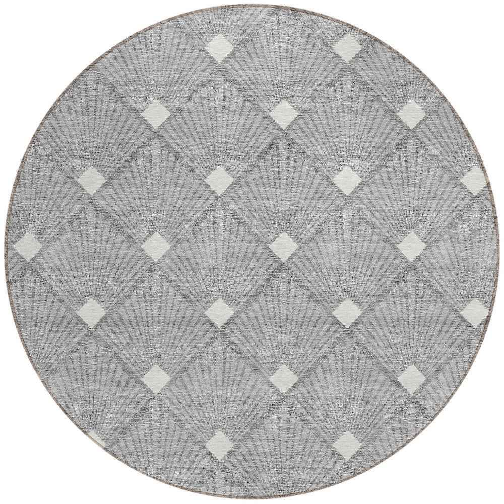8' Gray And Ivory Round Geometric Washable Indoor Outdoor Area Rug