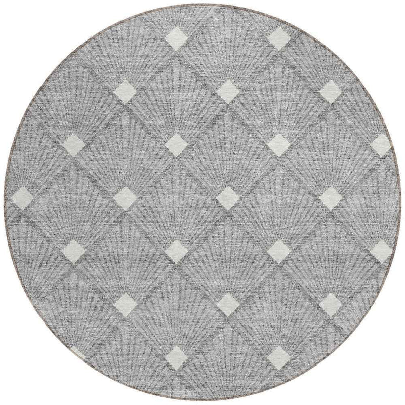 8' Gray And Ivory Round Geometric Washable Indoor Outdoor Area Rug