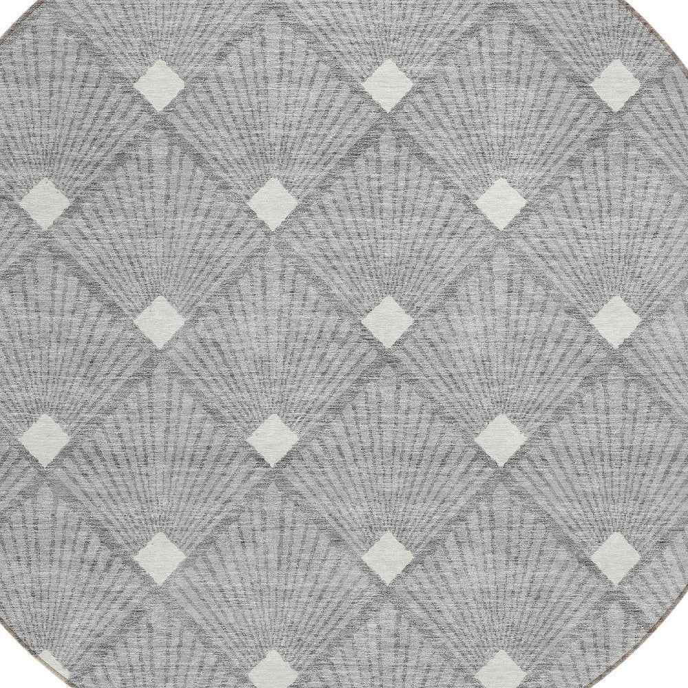8' Gray And Ivory Round Geometric Washable Indoor Outdoor Area Rug