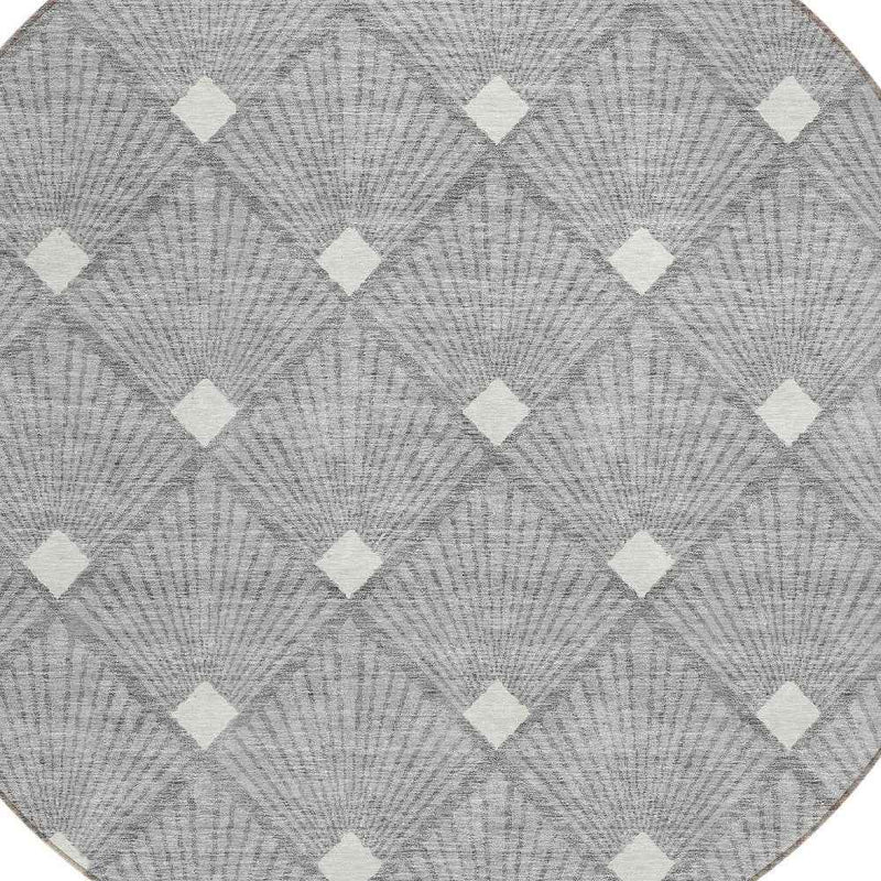 8' Gray And Ivory Round Geometric Washable Indoor Outdoor Area Rug