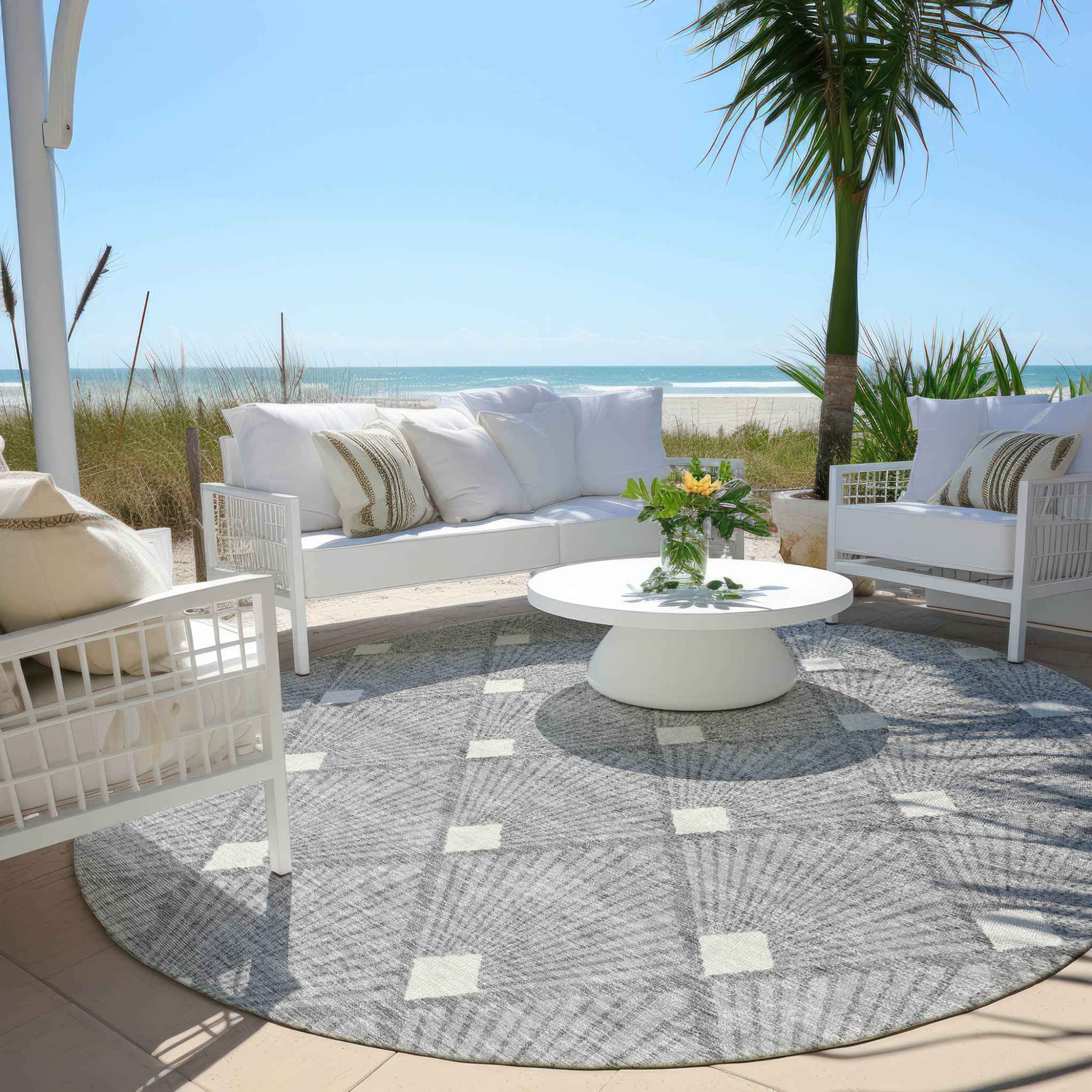8' Gray And Ivory Round Geometric Washable Indoor Outdoor Area Rug