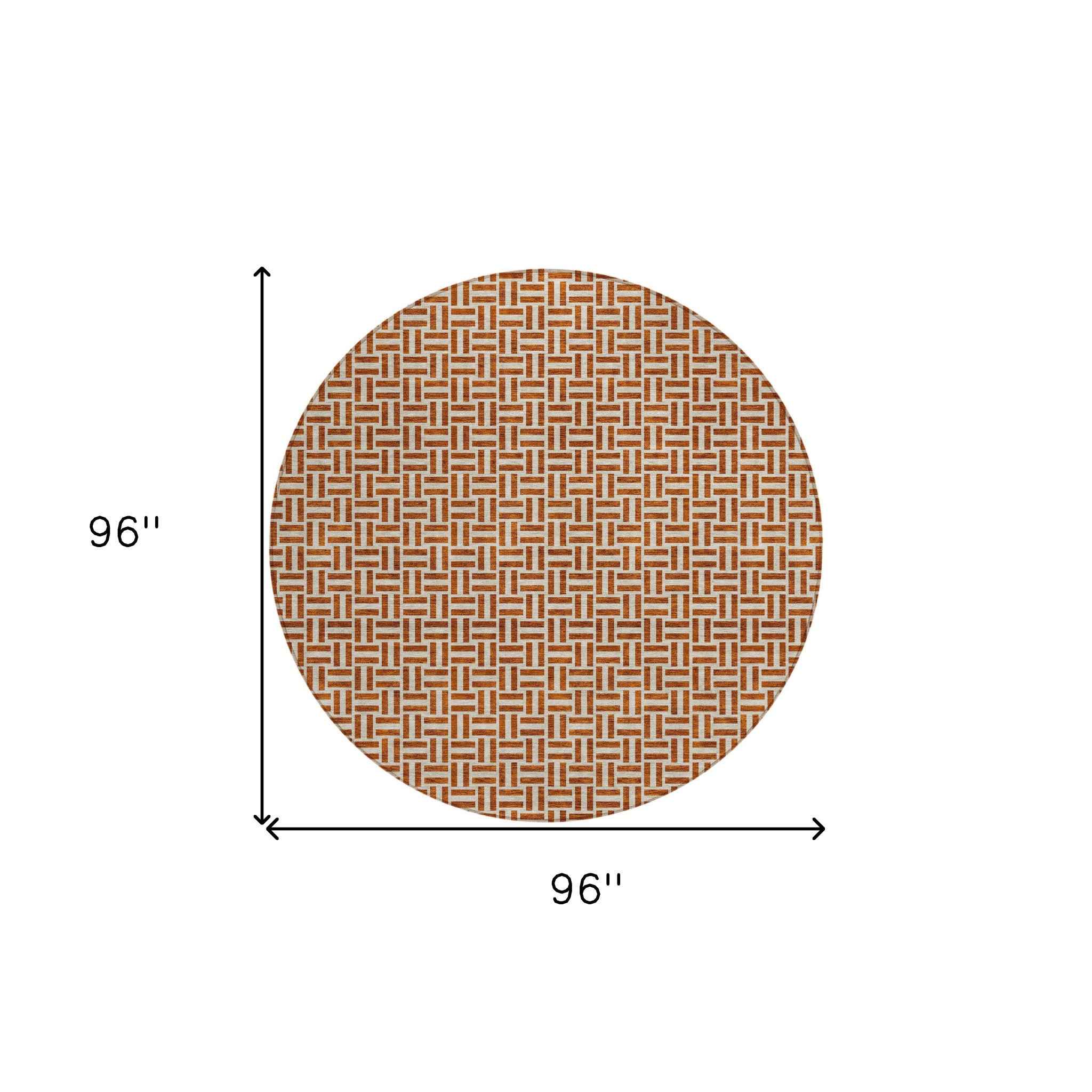8' Copper And Beige Round Geometric Washable Indoor Outdoor Area Rug