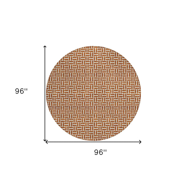 8' Copper And Beige Round Geometric Washable Indoor Outdoor Area Rug