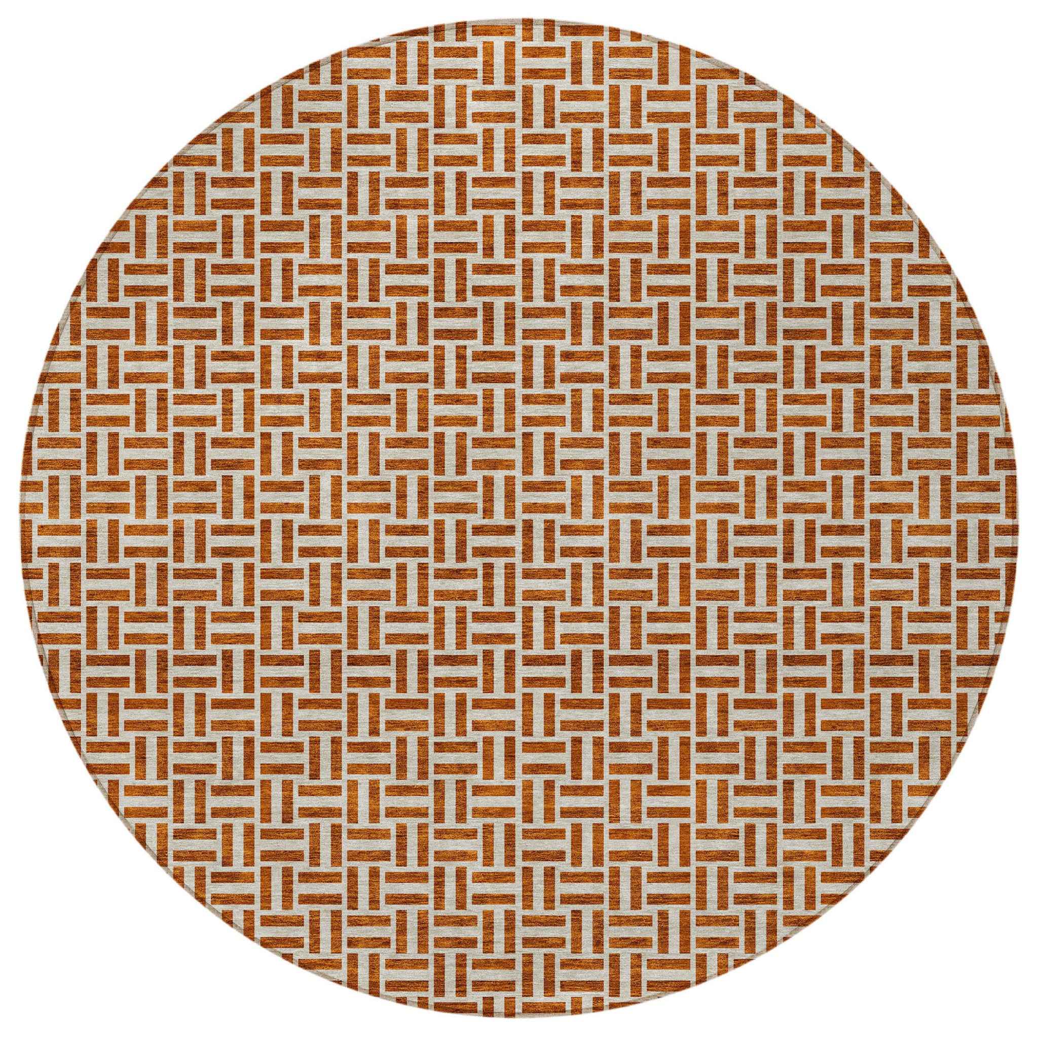 8' Copper And Beige Round Geometric Washable Indoor Outdoor Area Rug