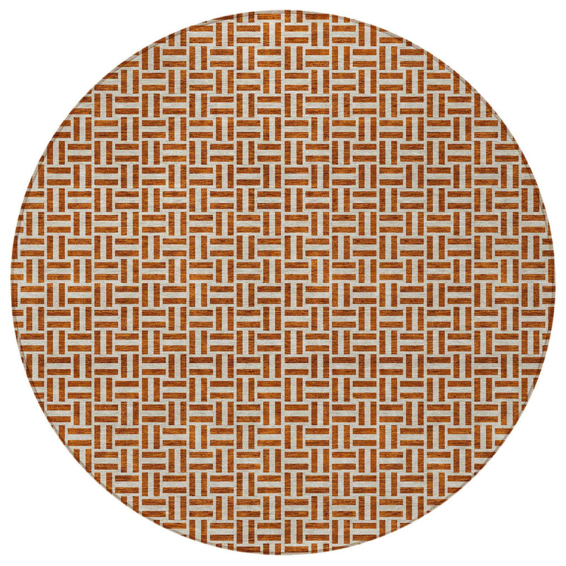 8' Copper And Beige Round Geometric Washable Indoor Outdoor Area Rug