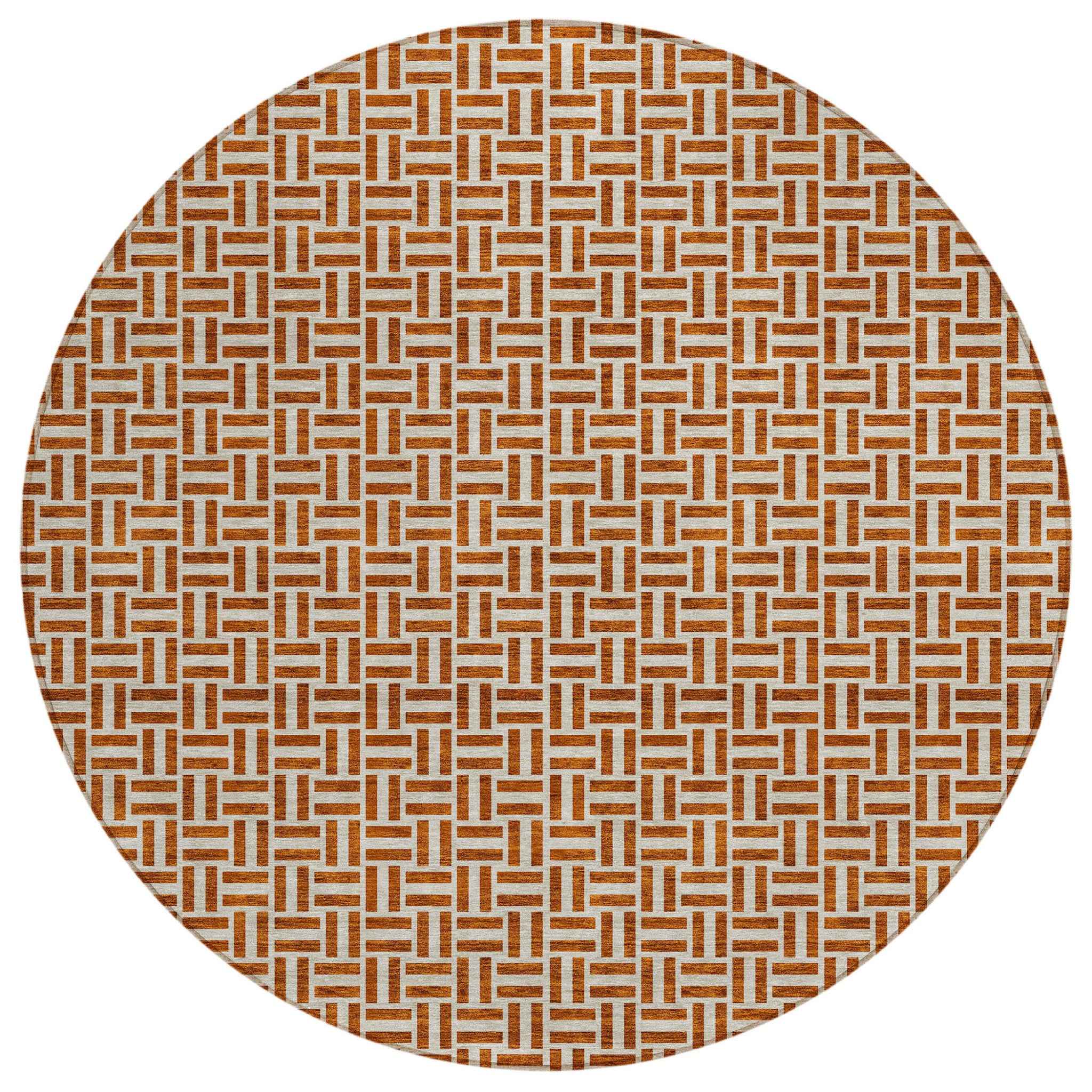 8' Copper And Beige Round Geometric Washable Indoor Outdoor Area Rug