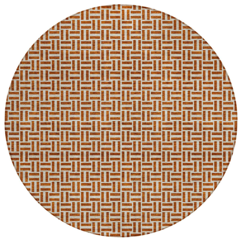 8' Copper And Beige Round Geometric Washable Indoor Outdoor Area Rug