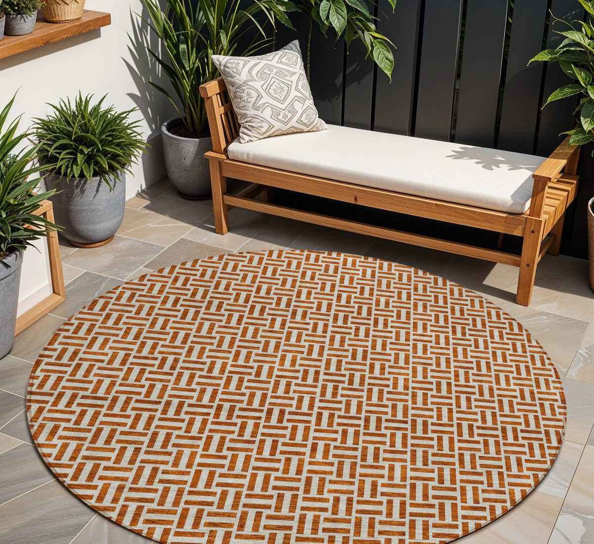8' Copper And Beige Round Geometric Washable Indoor Outdoor Area Rug
