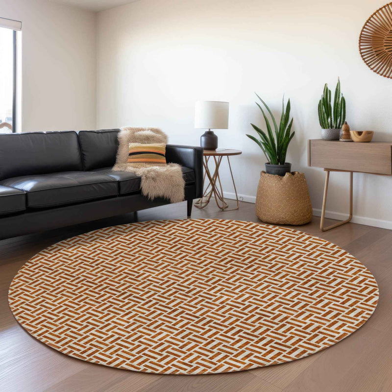 8' Copper And Beige Round Geometric Washable Indoor Outdoor Area Rug