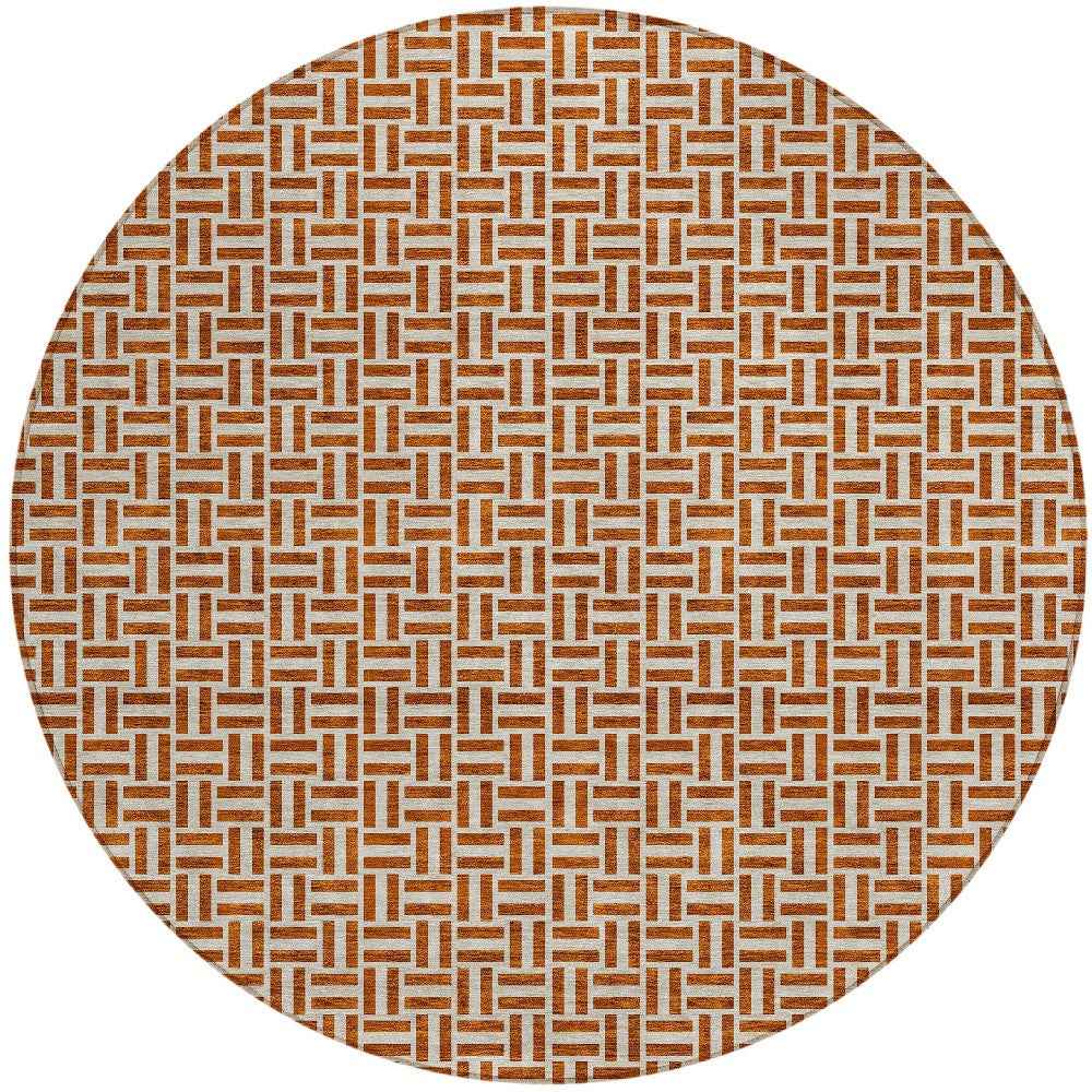 8' Copper And Beige Round Geometric Washable Indoor Outdoor Area Rug