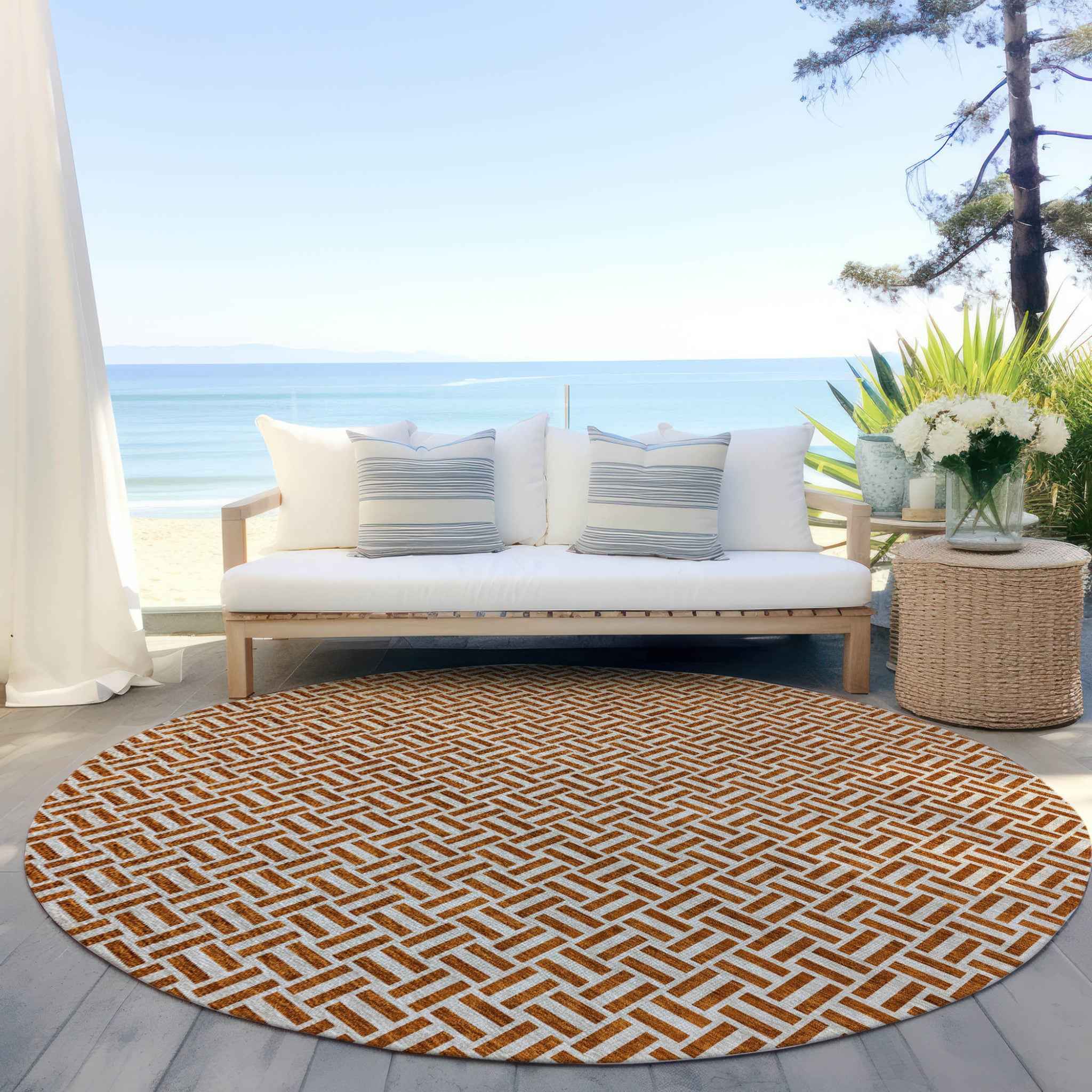 8' Copper And Beige Round Geometric Washable Indoor Outdoor Area Rug