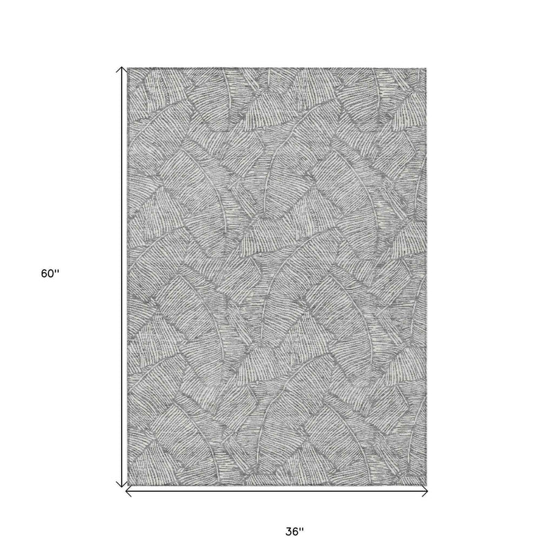3' X 5' Gray And Ivory Floral Washable Indoor Outdoor Area Rug