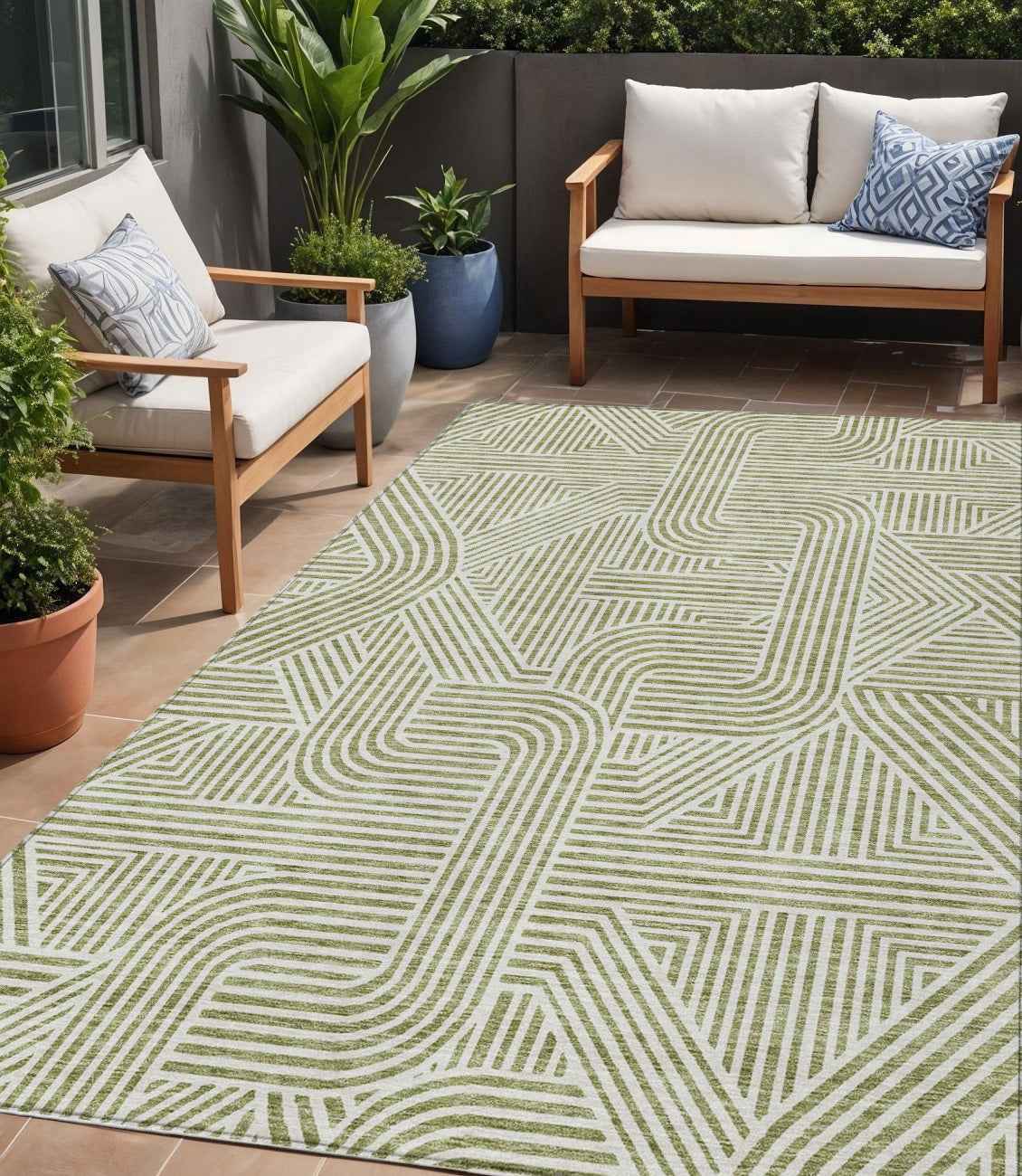 5' X 8' Artichoke Green And Ivory Abstract Washable Indoor Outdoor Area Rug