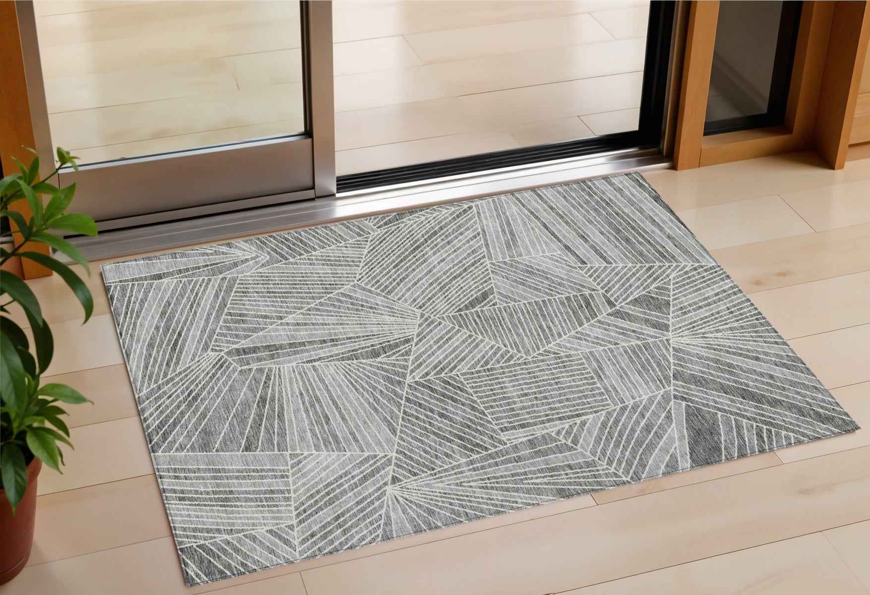 3' X 5' Gray And Ivory Geometric Washable Indoor Outdoor Area Rug