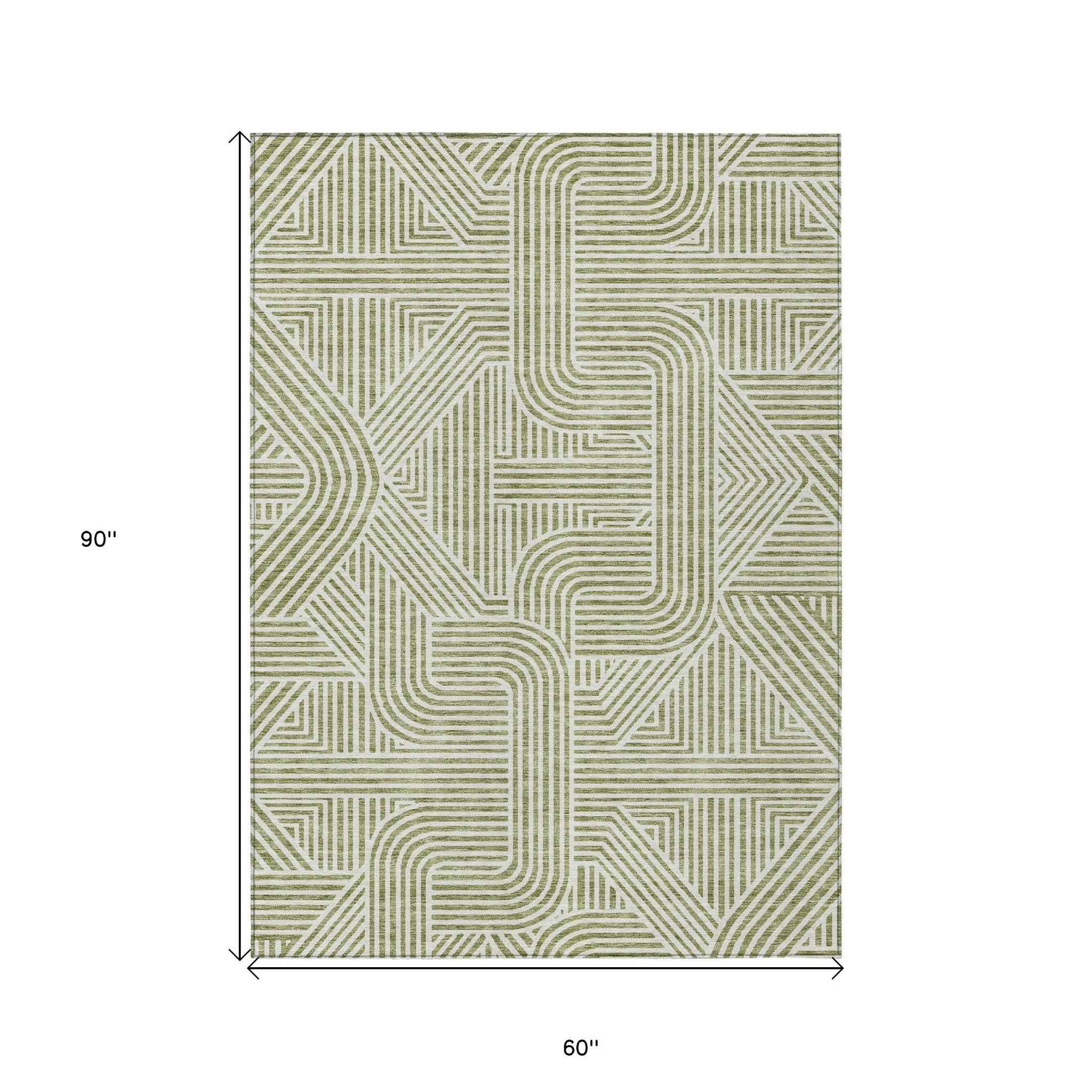 5' X 8' Artichoke Green And Ivory Abstract Washable Indoor Outdoor Area Rug