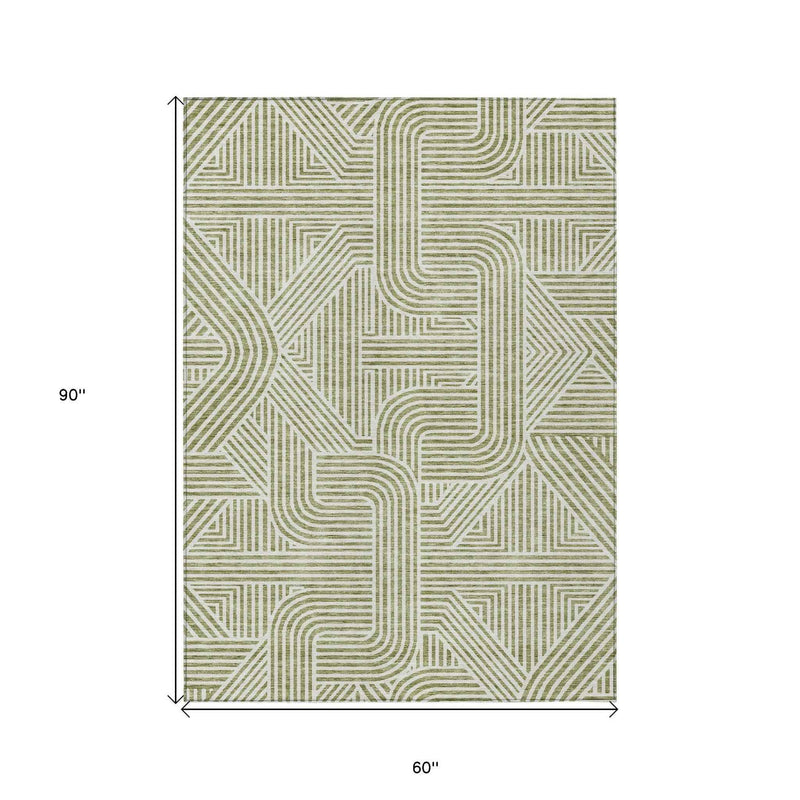 5' X 8' Artichoke Green And Ivory Abstract Washable Indoor Outdoor Area Rug