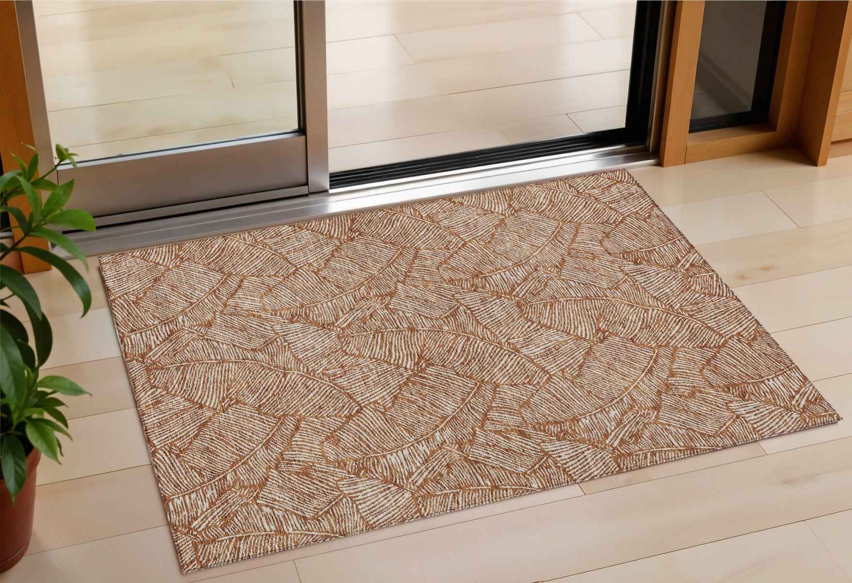 3' X 5' Copper And Beige Floral Washable Indoor Outdoor Area Rug