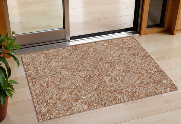 3' X 5' Copper And Beige Floral Washable Indoor Outdoor Area Rug