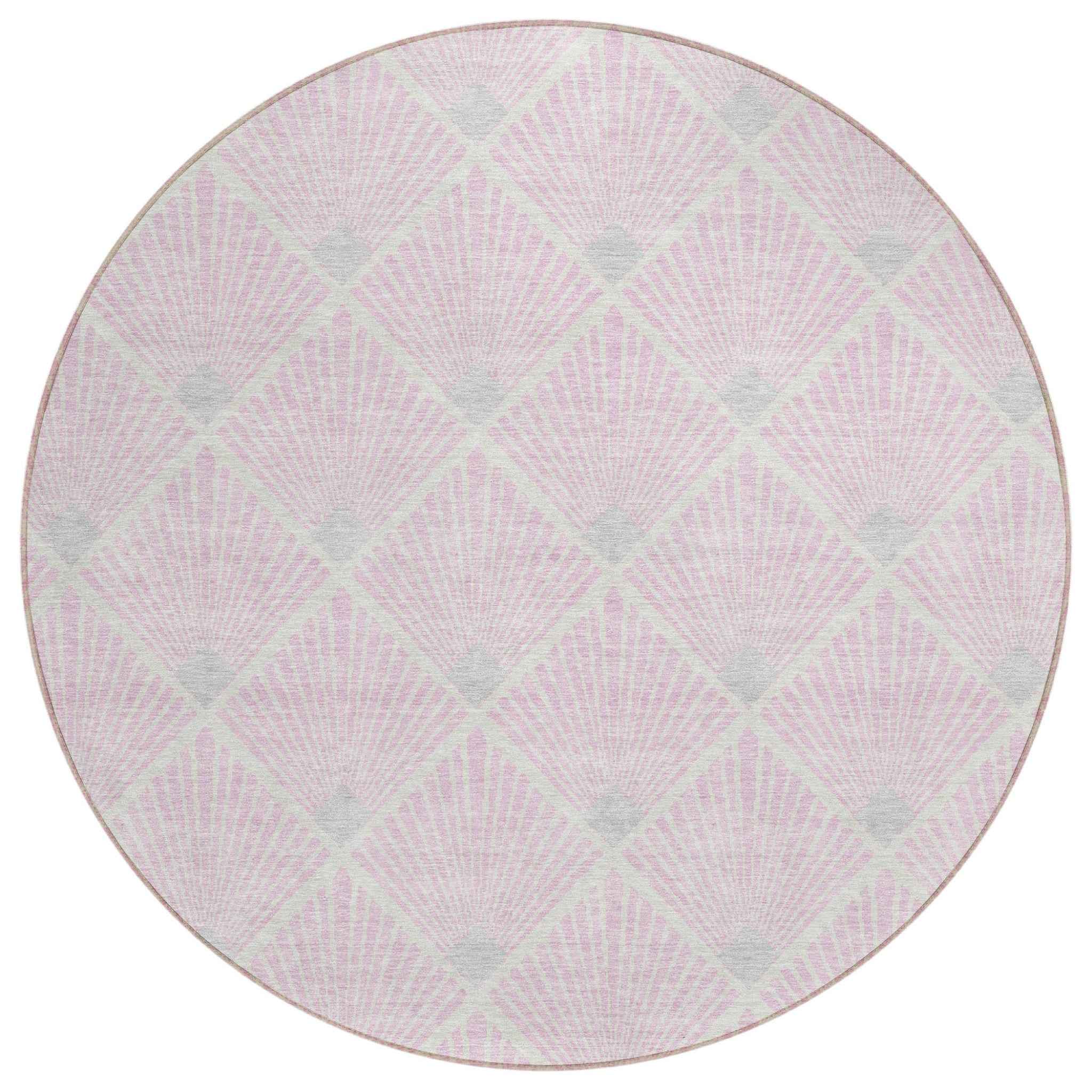 8' Pink Gray And Ivory Round Geometric Washable Indoor Outdoor Area Rug