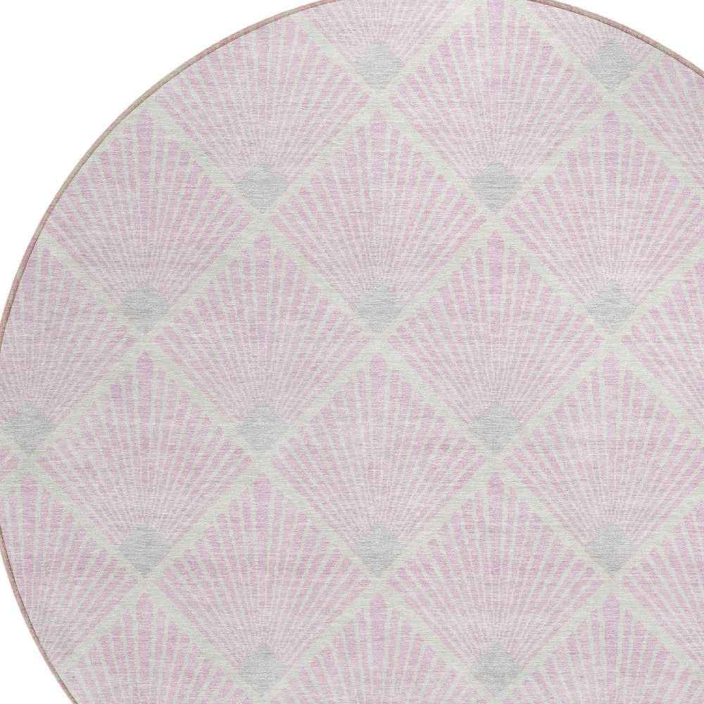8' Pink Gray And Ivory Round Geometric Washable Indoor Outdoor Area Rug