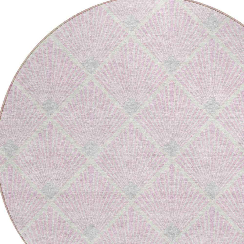 8' Pink Gray And Ivory Round Geometric Washable Indoor Outdoor Area Rug