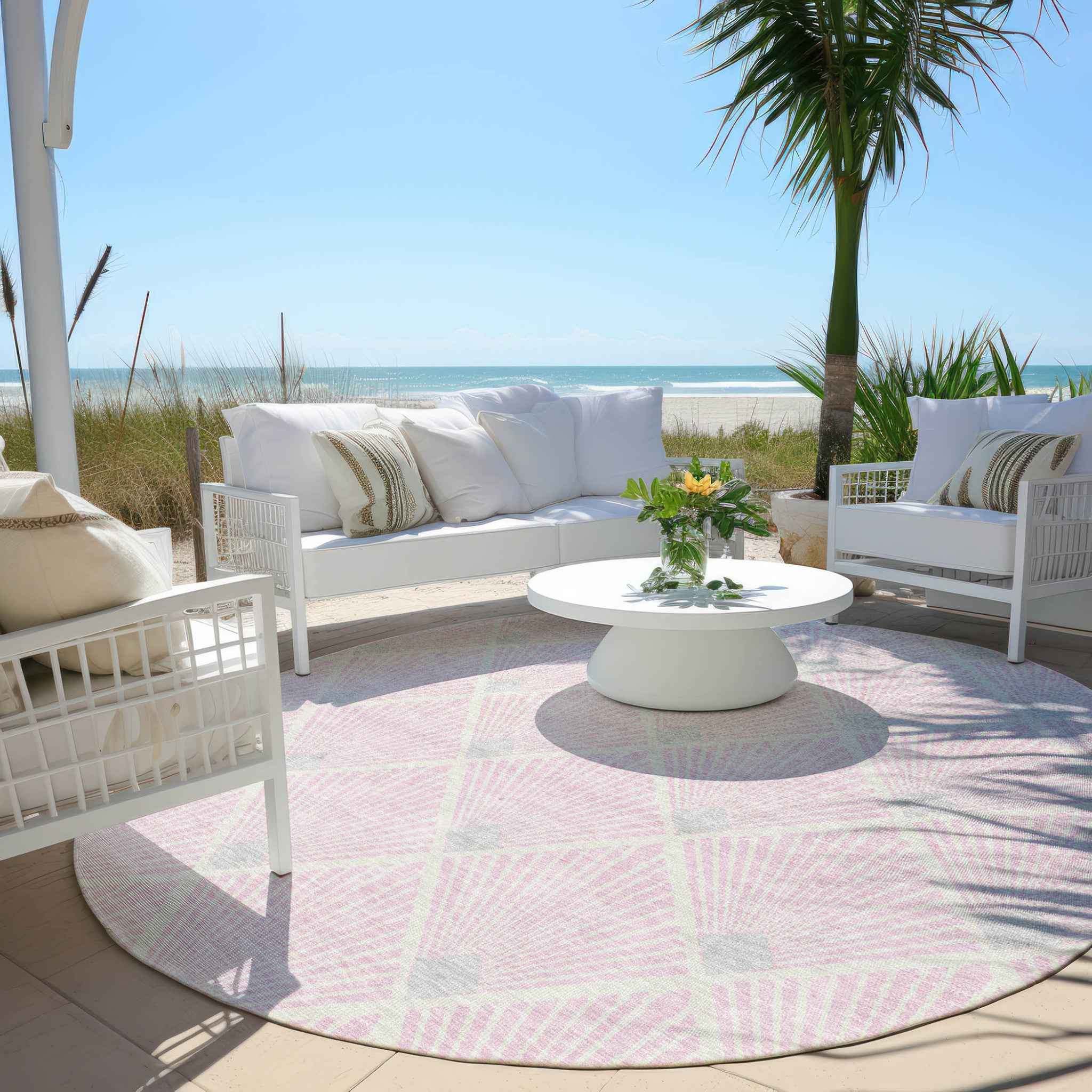 8' Pink Gray And Ivory Round Geometric Washable Indoor Outdoor Area Rug