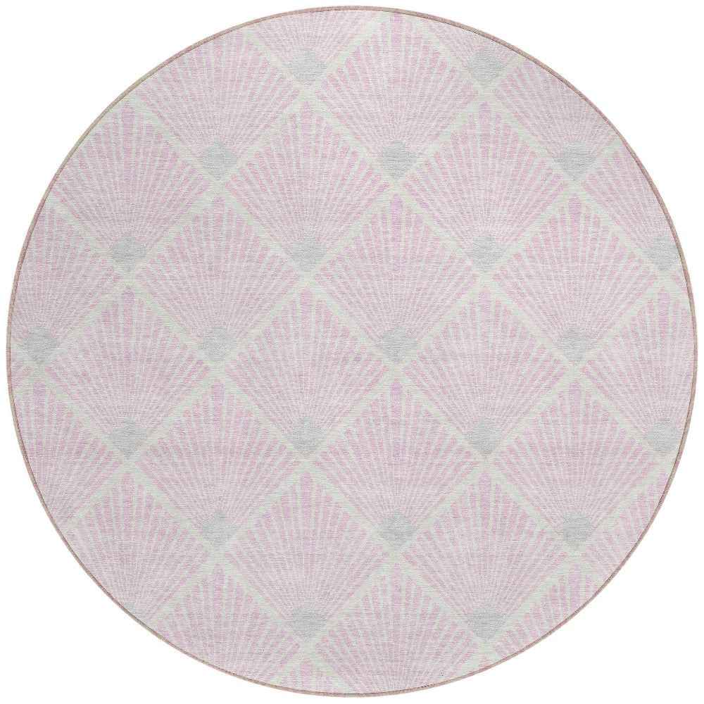 8' Pink Gray And Ivory Round Geometric Washable Indoor Outdoor Area Rug
