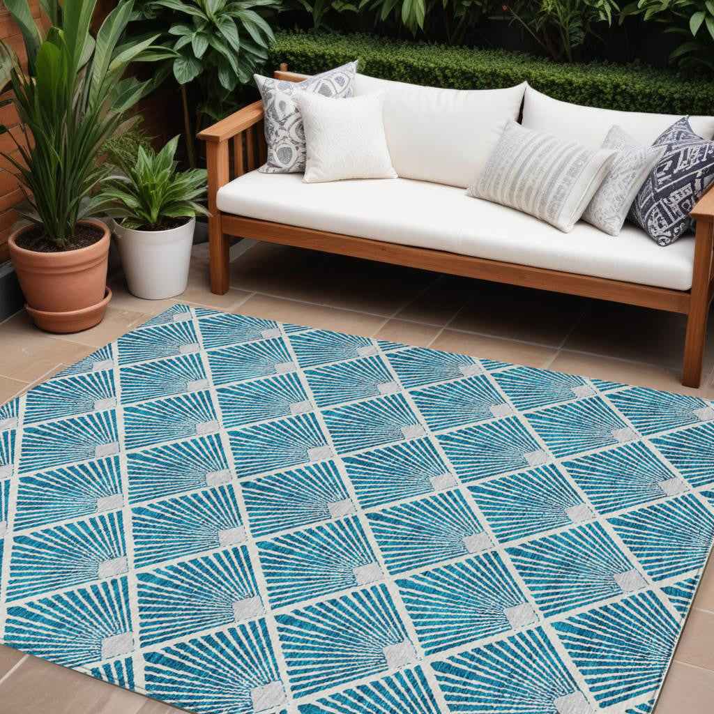 8' X 10' Teal Blue And Ivory Geometric Washable Indoor Outdoor Area Rug