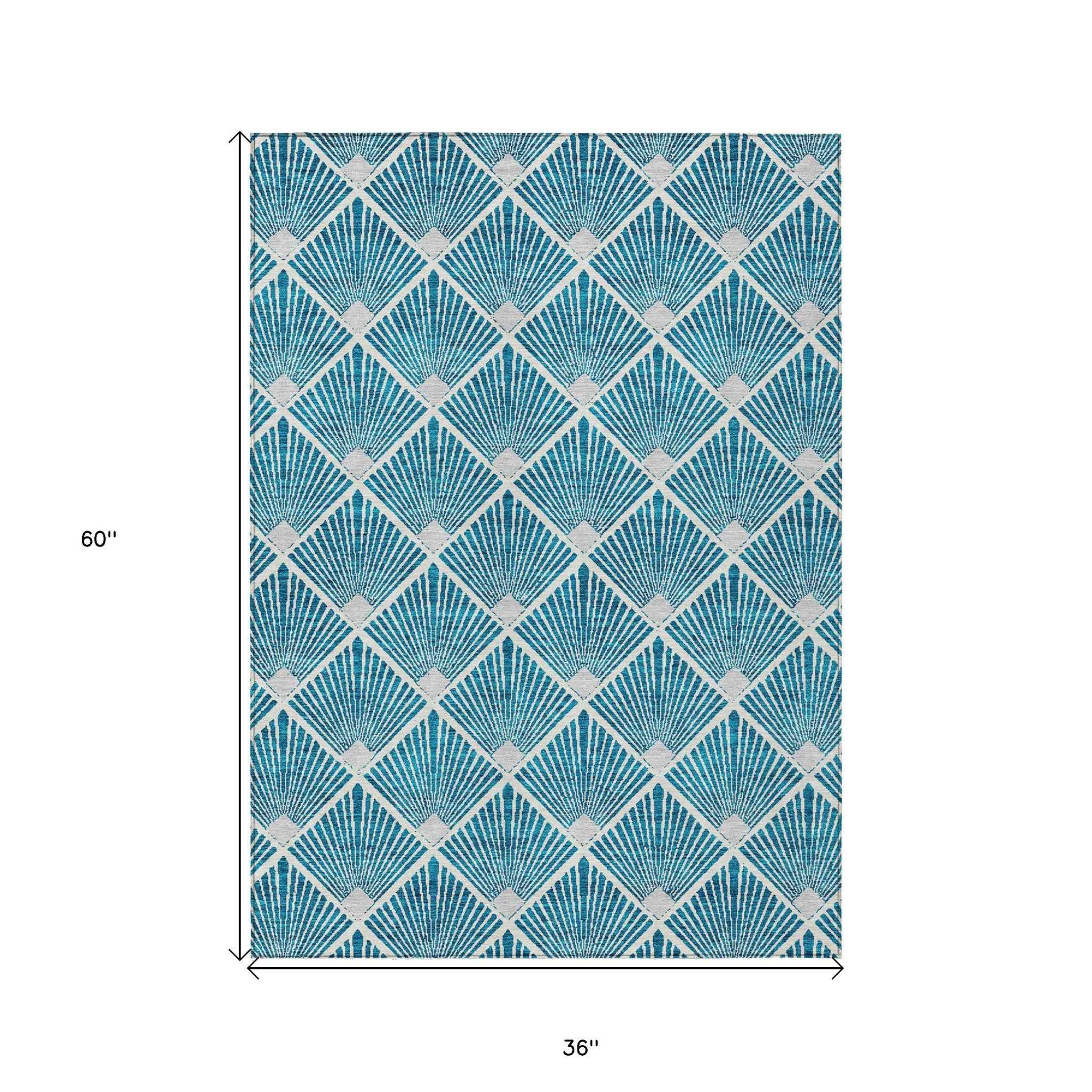 3' X 5' Teal Blue And Ivory Geometric Washable Indoor Outdoor Area Rug