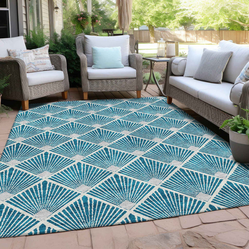 8' X 10' Teal Blue And Ivory Geometric Washable Indoor Outdoor Area Rug